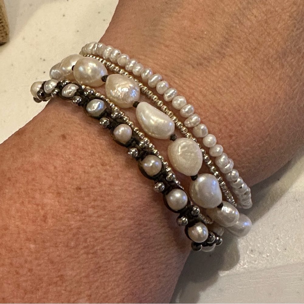 Nakamol multistrand genuine freshwater Pearl Bracelet, silver beads- brown cord
